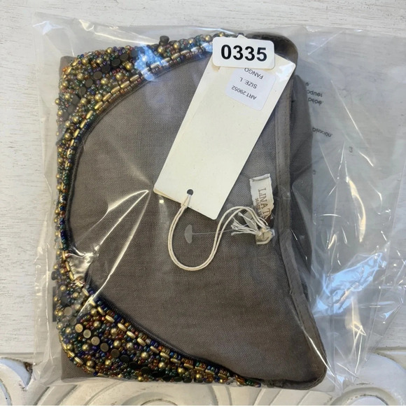 NWT Lina Tomei Gray 100% Linen Sleeveless Dress W/Pockets L Beaded Neck Collar - Picture 8 of 8